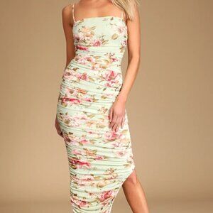 Stun and Only Sage Floral Print Ruched Mesh Bodycon Midi Dress